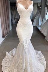 Glamorous Spaghetti Straps Ivory Mermaid Wedding Dresses With Appliques Sleeveless Lace Bridal Gowns On Sale