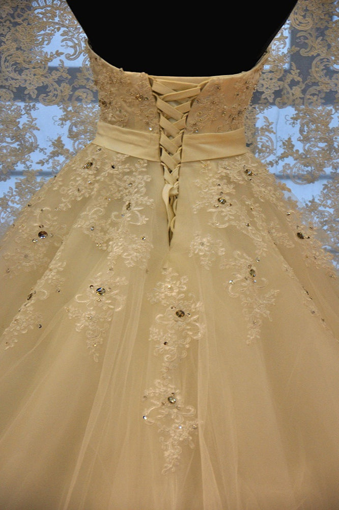 Glamorous Strapless Sleevelsss Tulle Wedding Dress Sweetheart Appliques Bridal Gowns with Rhinestones On Sale