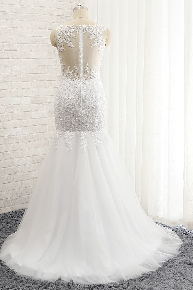 Glamorous Strapless Sweetheart Lace Mermaid Wedding Dress White Tulle Appliques Bridal Gowns Online