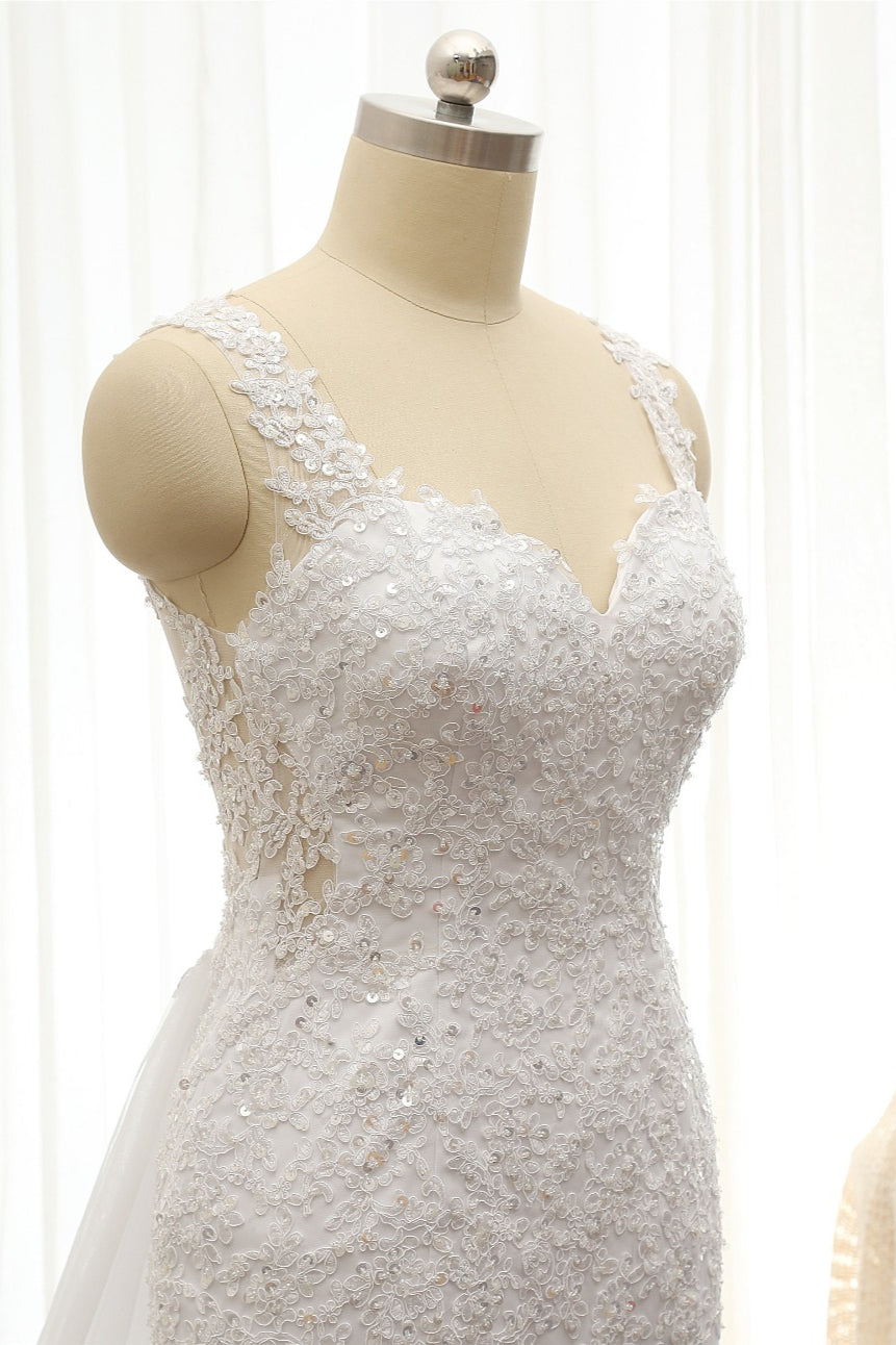 Glamorous Strapless Sweetheart Lace Mermaid Wedding Dress White Tulle Appliques Bridal Gowns Online