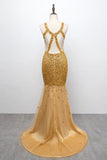 Glamorous Straps V-Neck Gold Mermaid Prom Dresses with Beadings Online