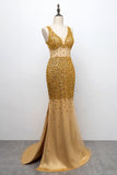 Glamorous Straps V-Neck Gold Mermaid Prom Dresses with Beadings Online