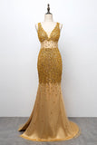 Glamorous Straps V-Neck Gold Mermaid Prom Dresses with Beadings Online