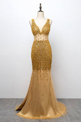 Glamorous Straps V-Neck Gold Mermaid Prom Dresses with Beadings Online
