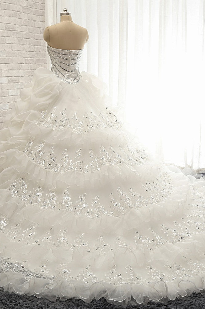 Glamorous Sweetheart White Sequins Wedding Dresses With Appliques Tulle Ruffles Bridal Gowns Online