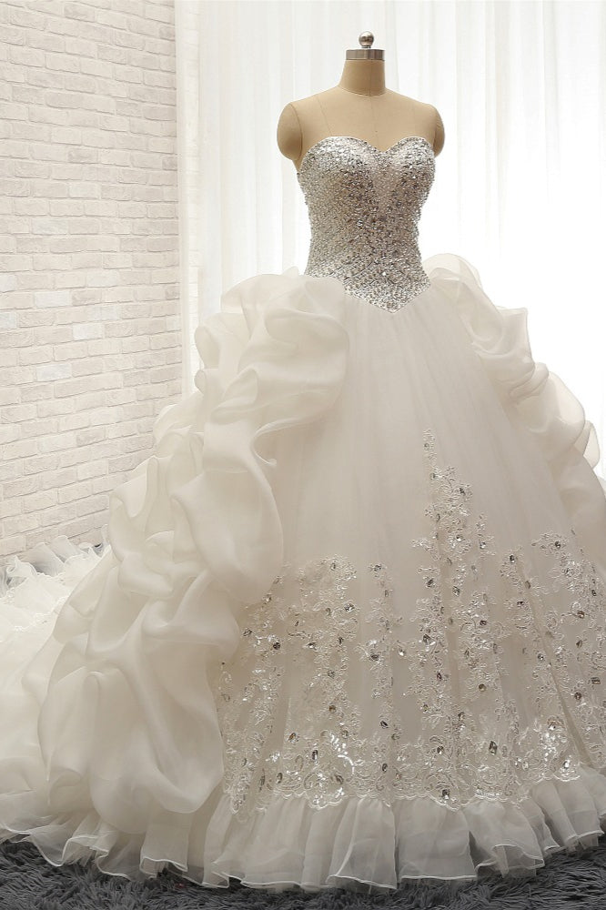 Glamorous Sweetheart White Sequins Wedding Dresses With Appliques Tulle Ruffles Bridal Gowns Online