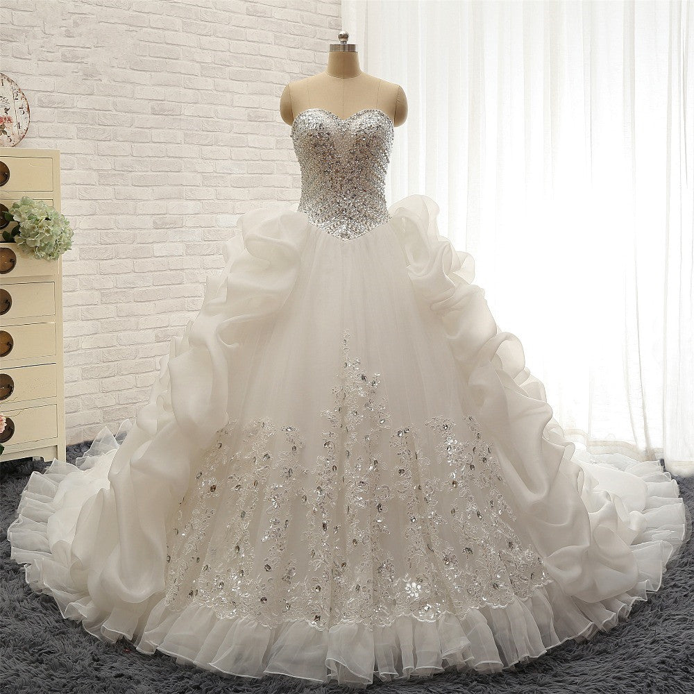Glamorous Sweetheart White Sequins Wedding Dresses With Appliques Tulle Ruffles Bridal Gowns Online