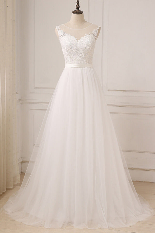 Glamorous Tulle Sleeveless Jewel Wedding Dress White A-line Appliques Bridal Gowns On Sale