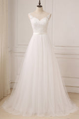 Glamorous Tulle Sleeveless Jewel Wedding Dress White A-line Appliques Bridal Gowns On Sale