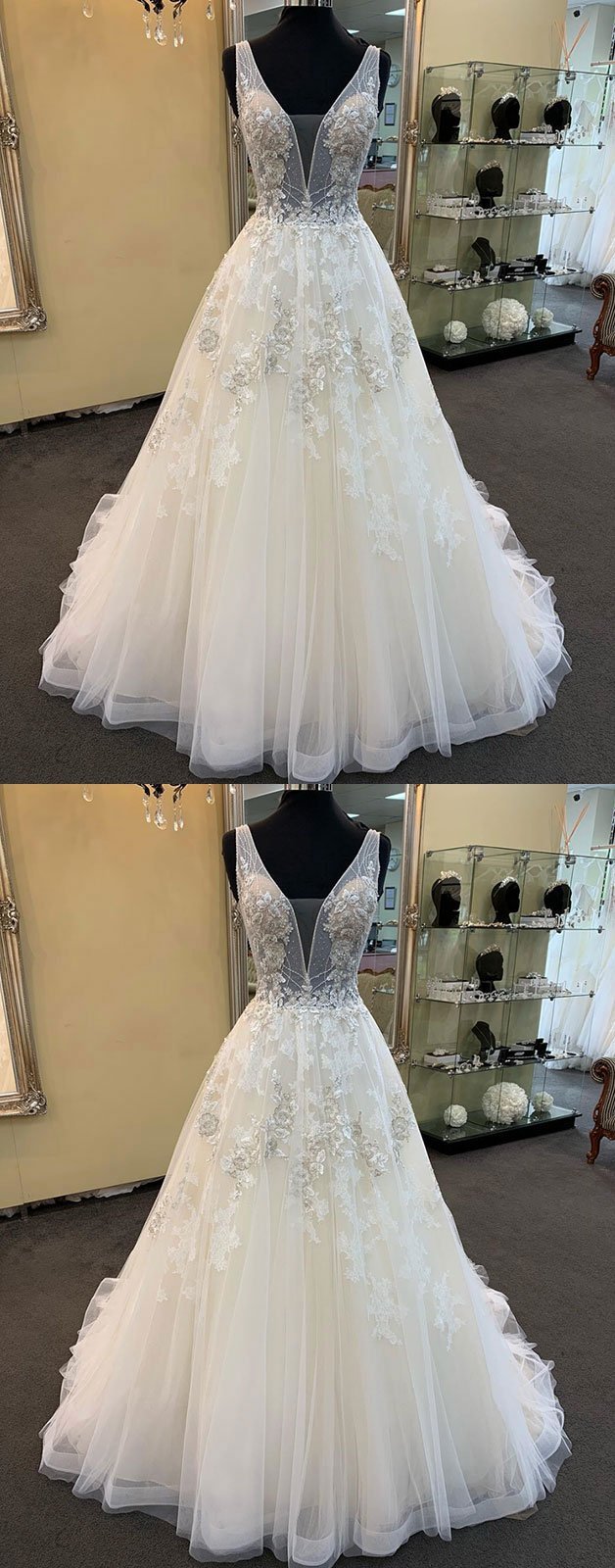 Glamorous Unique White Tulle V-Neck Wedding Dress Long Beaded Lace Bridal Gowns On Sale