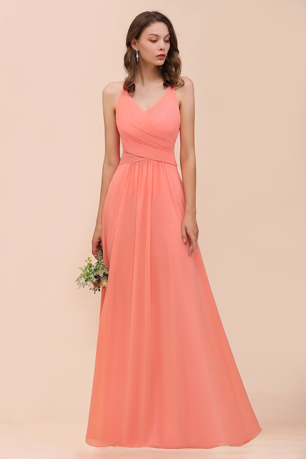 Glamorous V-Neck Coral Chiffon Bridesmaid Dress Affordable with Ruffle