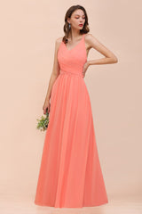 Glamorous V-Neck Coral Chiffon Bridesmaid Dress Affordable with Ruffle