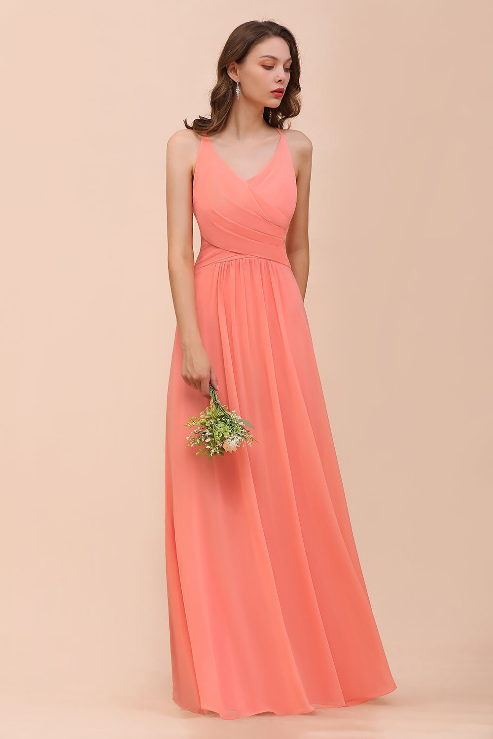 Glamorous V-Neck Coral Chiffon Bridesmaid Dress Affordable with Ruffle