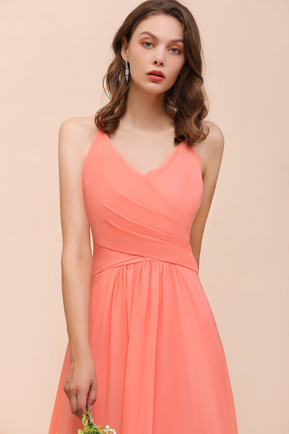 Glamorous V-Neck Coral Chiffon Bridesmaid Dress Affordable with Ruffle