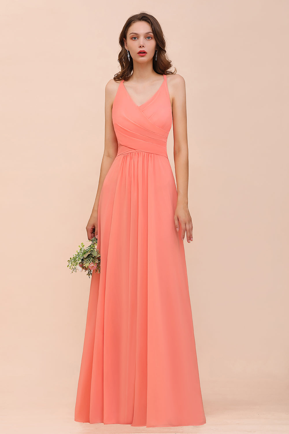 Glamorous V-Neck Coral Chiffon Bridesmaid Dress Affordable with Ruffle