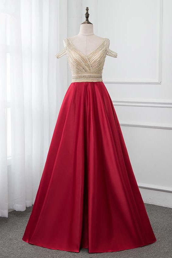 Glamorous V-Neck Rhinestone Burgundy Mermaid Prom Dresses with Cold Sleeves Online