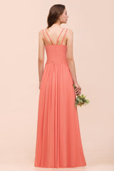 Glamorous V-Neck Ruffle Chiffon Long Bridesmaid Dress With Slit