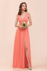 Glamorous V-Neck Ruffle Chiffon Long Bridesmaid Dress With Slit