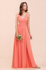 Glamorous V-Neck Ruffle Chiffon Long Bridesmaid Dress With Slit