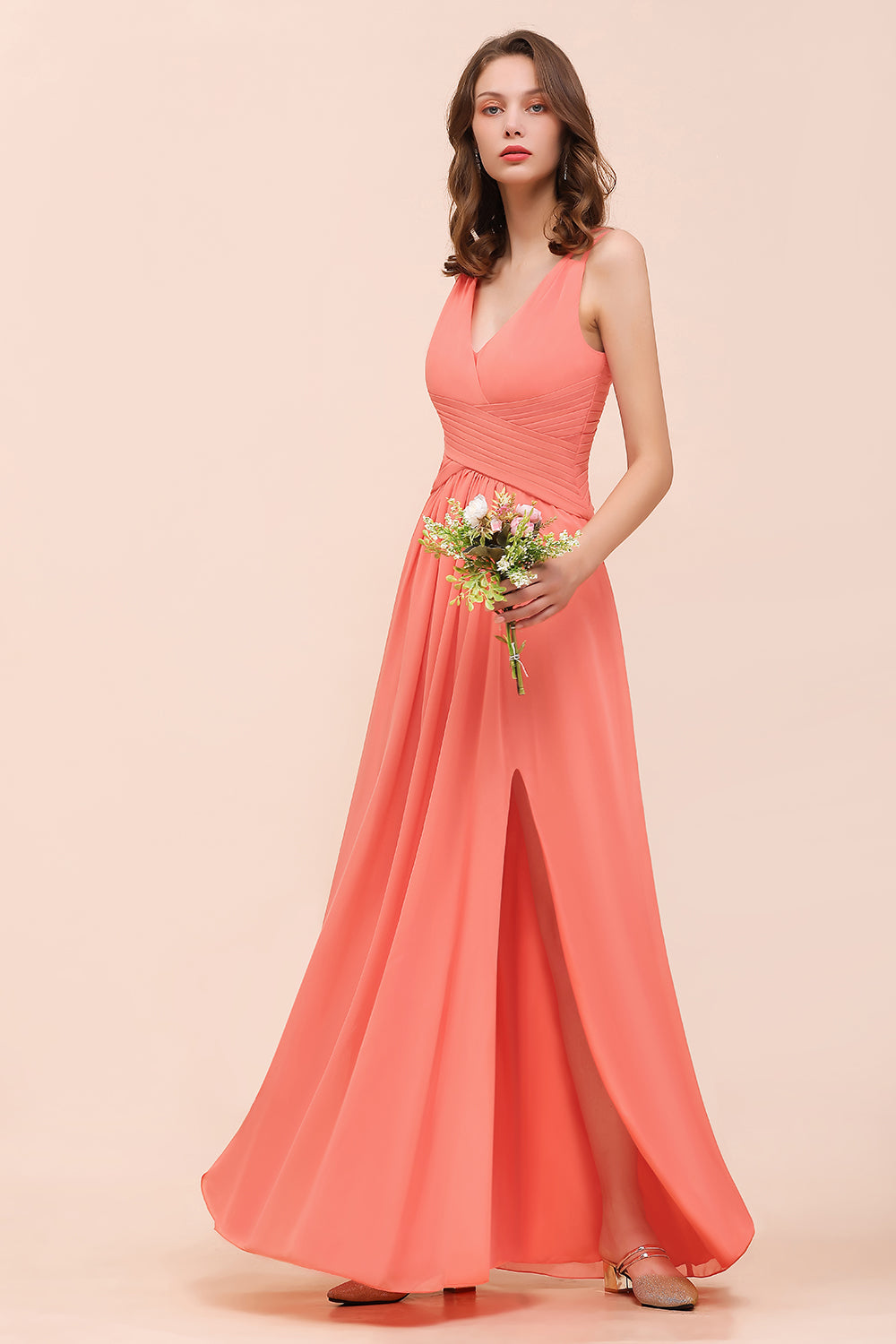 Glamorous V-Neck Ruffle Chiffon Long Bridesmaid Dress With Slit