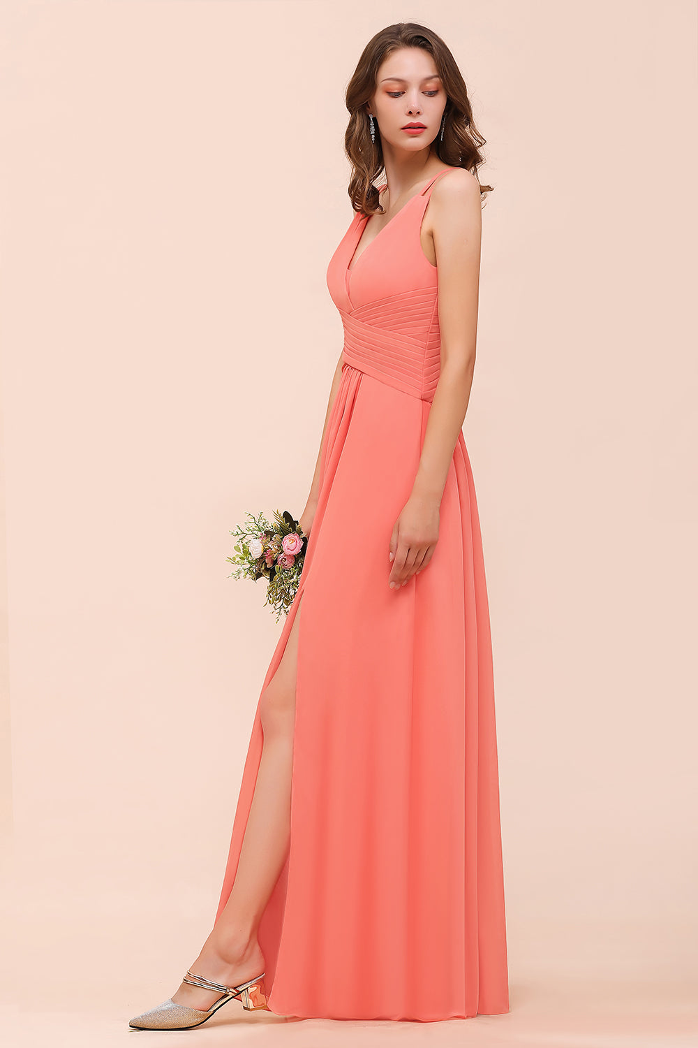 Glamorous V-Neck Ruffle Chiffon Long Bridesmaid Dress With Slit