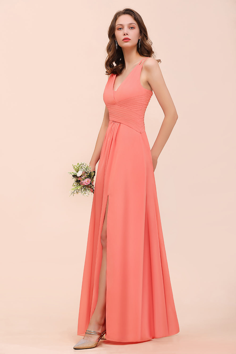 Glamorous V-Neck Ruffle Chiffon Long Bridesmaid Dress With Slit