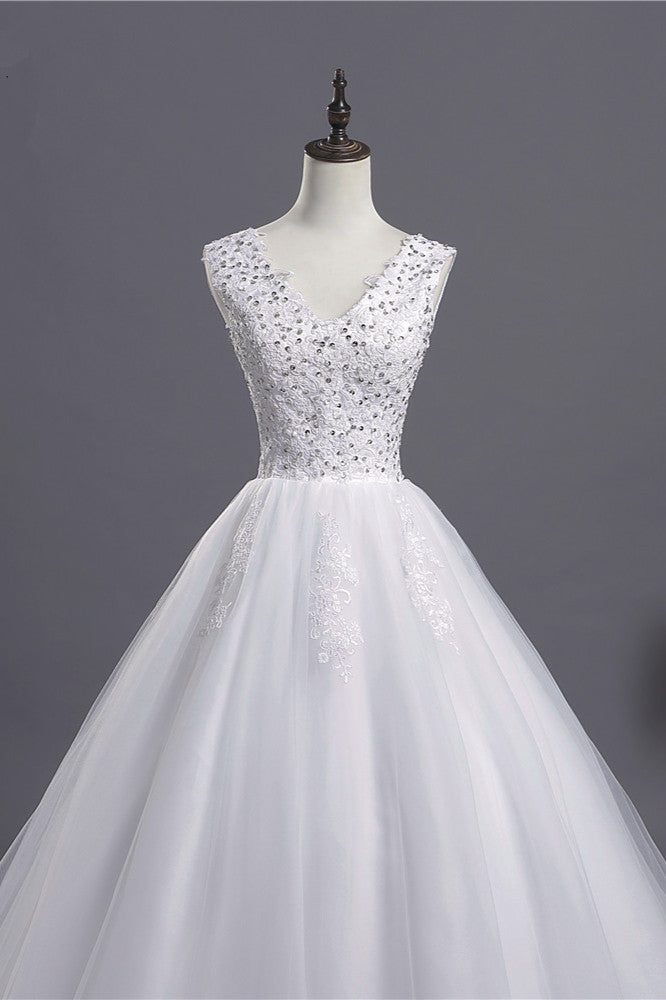 Glamorous V-Neck Sequins White Tulle Wedding Dress Sleevels Lace Appliques Bridal Gowns On Sale