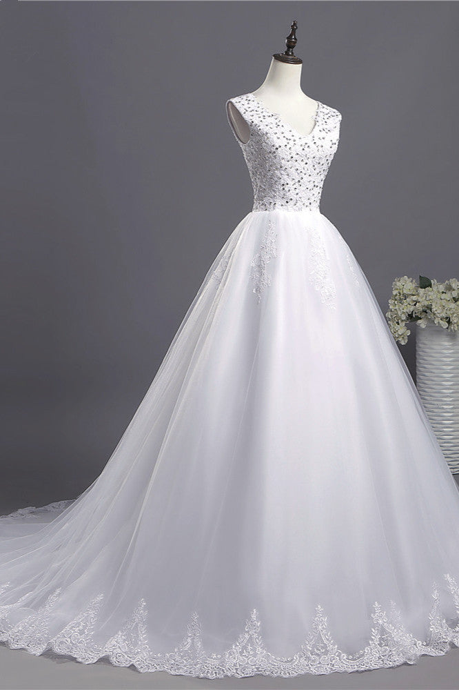 Glamorous V-Neck Sequins White Tulle Wedding Dress Sleevels Lace Appliques Bridal Gowns On Sale
