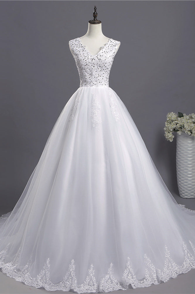 Glamorous V-Neck Sequins White Tulle Wedding Dress Sleevels Lace Appliques Bridal Gowns On Sale