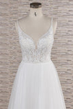 Glamorous V-neck Spaghetti Straps White Wedding Dresses A-line Sleeveless Tulle Lace Bridal Gowns Online