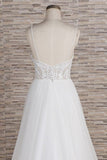 Glamorous V-neck Spaghetti Straps White Wedding Dresses A-line Sleeveless Tulle Lace Bridal Gowns Online