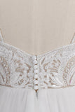 Glamorous V-neck Spaghetti Straps White Wedding Dresses A-line Sleeveless Tulle Lace Bridal Gowns Online