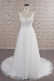 Glamorous V-neck Spaghetti Straps White Wedding Dresses A-line Sleeveless Tulle Lace Bridal Gowns Online