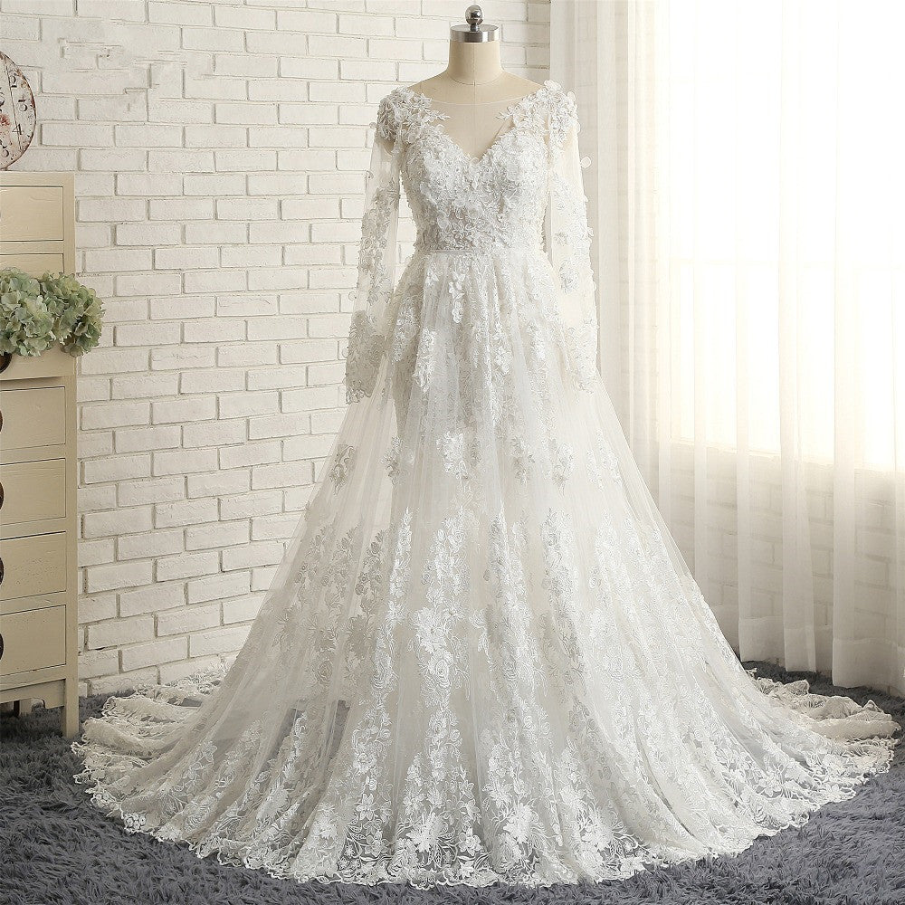 Glamorous White Mermaid Lace Wedding Dresses With Appliques Longsleeves Jewel Bridal Gowns On Sale