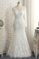 Glamorous White Mermaid Lace Wedding Dresses With Appliques Longsleeves Jewel Bridal Gowns On Sale