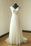 Glamorous White Straps Appliques Wedding Dress Sleeveless V-neck Chiffon Bridal Gowns On Sale