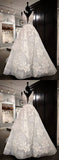 Glamorous White Tulle V-Neck Flower Long Wedding Dress Lace Applique Bridal Gowns On Sale