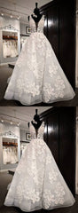 Glamorous White Tulle V-Neck Flower Long Wedding Dress Lace Applique Bridal Gowns On Sale