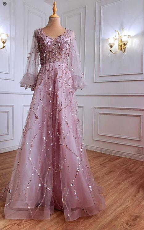 Gold Long Sleeves Prom Dress V-Neck With Sequins Appliques