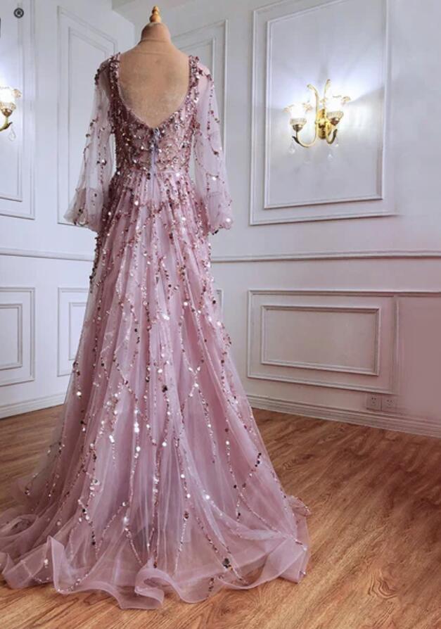 Gold Long Sleeves Prom Dress V-Neck With Sequins Appliques