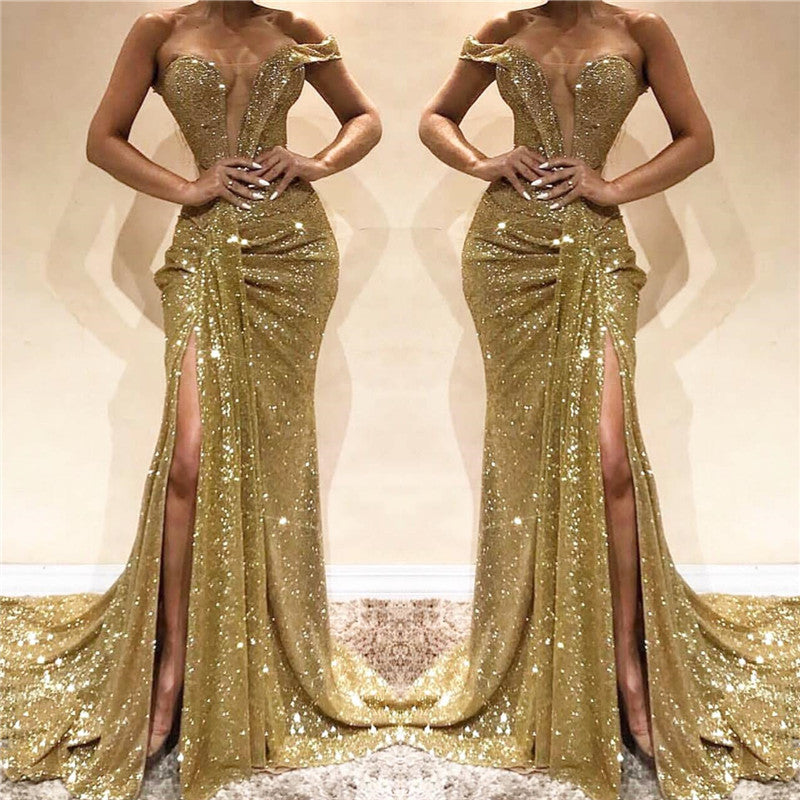 Gold Off-the-Shoulder Prom Dress Sequins Long Slit Online