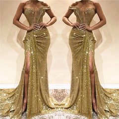 Gold Off-the-Shoulder Prom Dress Sequins Long Slit Online