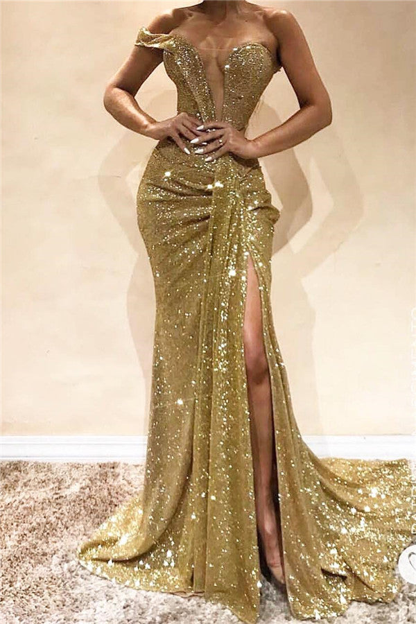 Gold Off-the-Shoulder Prom Dress Sequins Long Slit Online