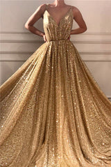 Gold Sequins V-Neck Prom Dress Sleeveless Long