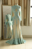 Gorgeou High-Neck Lace Appliques Prom Dresses Long Sleeves Front Slit Evening Gowns with Pearls