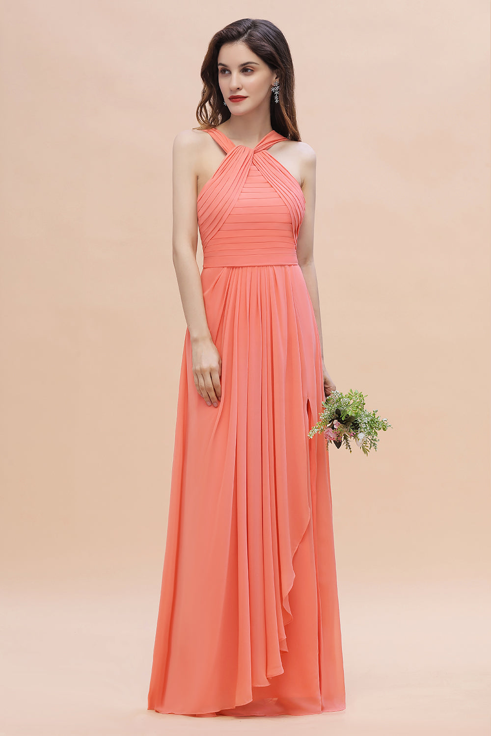 Gorgeous A-Line Sleeveless Coral Chiffon Bridesmaid Dress with Ruffles On Sale