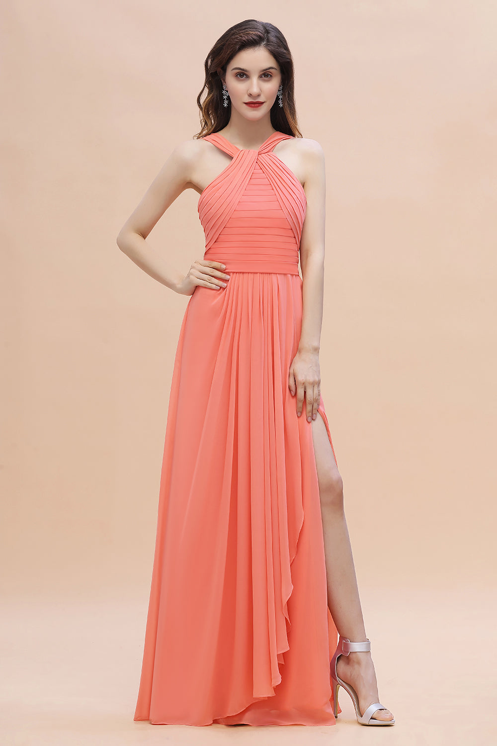 Gorgeous A-Line Sleeveless Coral Chiffon Bridesmaid Dress with Ruffles On Sale