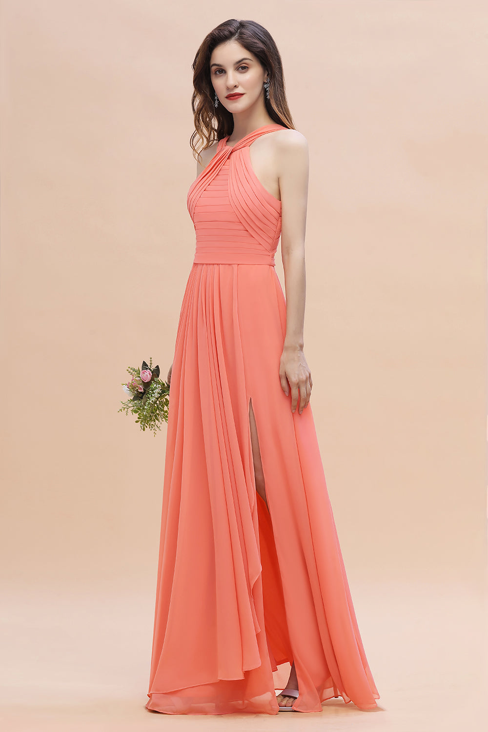 Gorgeous A-Line Sleeveless Coral Chiffon Bridesmaid Dress with Ruffles On Sale