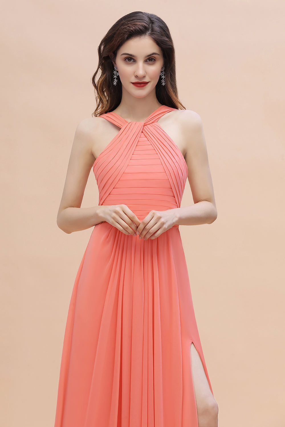 Gorgeous A-Line Sleeveless Coral Chiffon Bridesmaid Dress with Ruffles On Sale