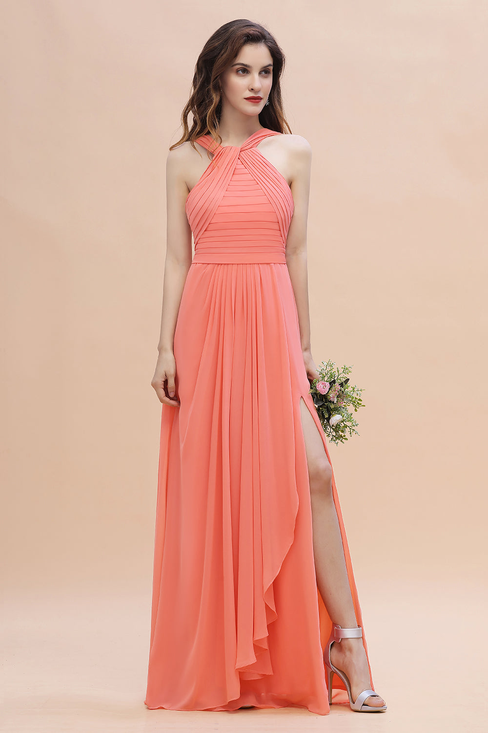 Gorgeous A-Line Sleeveless Coral Chiffon Bridesmaid Dress with Ruffles On Sale